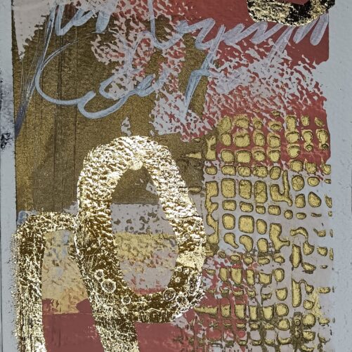 carta artistica preziosa 11×16 cm con texture rosa incarnato bronzo e oro, dettagli materici e segni dorati, opera originale MyOm Arte Grafica