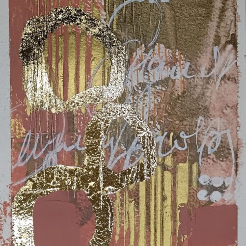 carta artistica preziosa 11×16 cm con texture rosa incarnato bronzo e oro, dettagli materici e segni dorati, opera originale MyOm Arte Grafica