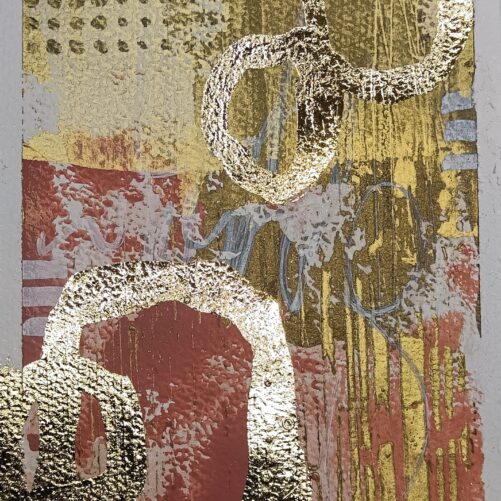 carta artistica preziosa 11×16 cm con texture rosa incarnato bronzo e oro, dettagli materici e segni dorati, opera originale MyOm Arte Grafica