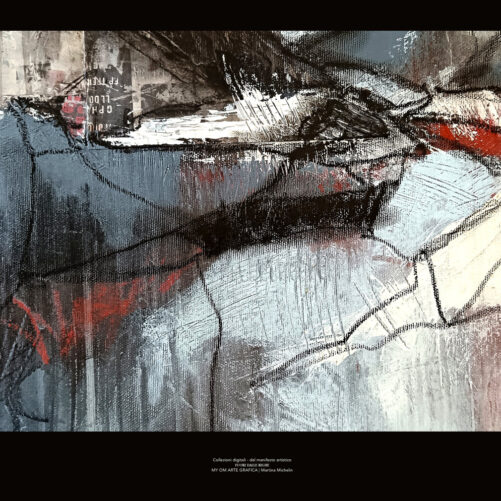 Dettaglio astratto scuro dell’opera Vulcanica con texture materiche profonde e movimento emozionale contemporaneo.